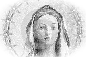 Pencil sketch with vignette of Blessed Virgin Mary