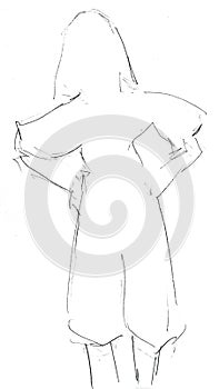 Pencil sketch of a woman stands with her hands at her hips. abstract unapproving person portrait isolated