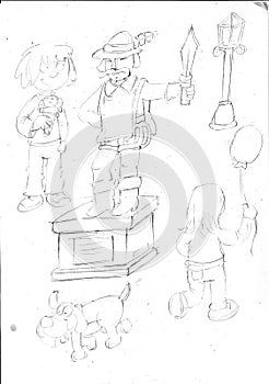 Pencil sketches with child eating ice cream dog statue, streetlamp, boy with balloon