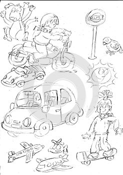 Pencil sketches day cars and airplanes and motorcycles with biker dog