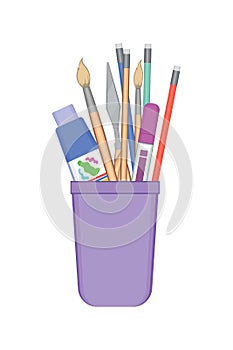 Pencil stand with painting tools on white background. Set of pen, pencils, brushes, marker and watercolor knife. Vector