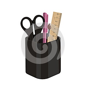 Pencil stand with pen and scissors and ruler. Vector illustration.