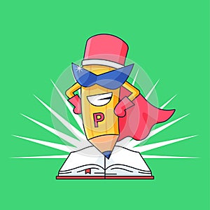 Pencil super hero mascot with opened book vector illustration for pre school spirit learning design
