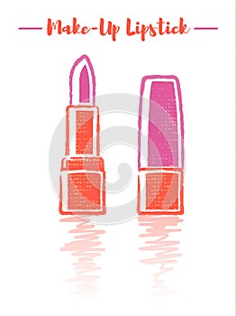 Pencil and textured style orange vector illustration of a beauty utensil pink lipstick makeup product with pigments, oils, waxes,