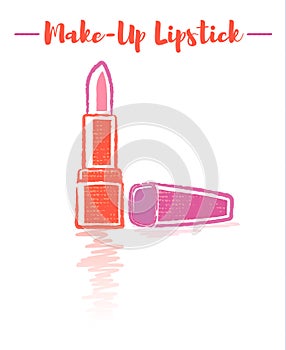 Pencil and textured style orange vector illustration of a beauty utensil pink lipstick makeup product with pigments, oils, waxes,