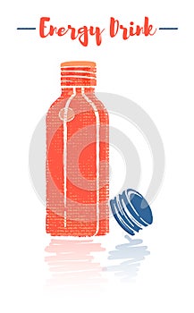 Pencil and textured style orange vector illustration of a small bottle of vitamins energy drink