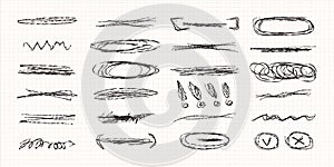 Pencil underline and strikethrough strokes for Note book. Hand drawn collection different diary scribble lines and element on