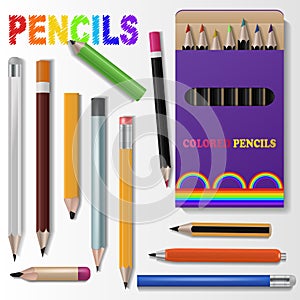 Pencil vector pen for pencilled drawing and schooling pencraft stationery illustration set of school supplies isolated