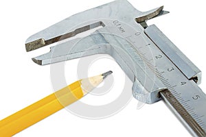 Pencil and vernier caliper close-up on a white background