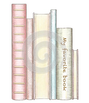 Pencil and watercolor drawing with stack of several standing books