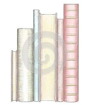 Pencil and watercolor drawing with stack of several standing books