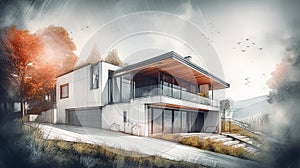 Pencil and watercolor sketch of a modern stylish house with panoramic windows. Al generated