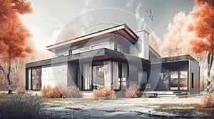 Pencil and watercolor sketch of a modern stylish house with panoramic windows. Al generated