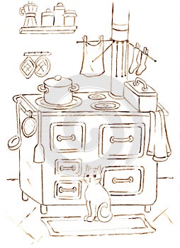 Pencil and watercolor sketch on paper of an old wood-burning stove