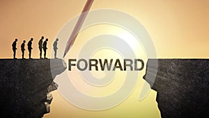 Pencil write 'FORWARD', connecting the cliff. Businessman crossing the cliff, business concept.