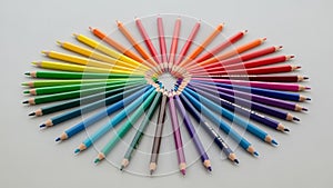 Pencils are arranged in a circular pattern on a smooth light gray