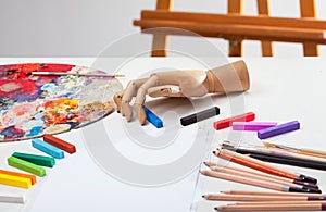 Pencils, crayons and paints