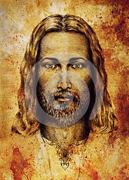 Pencils drawing of Jesus on vintage paper. with ornament on clothing. Old sepia structure paper. Eye contact. Spiritual