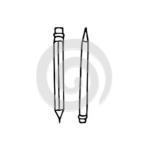 Pencils with eraser hand drawn in doodle scandinavian minimalism style. icon, sticker, set of elements. school, teaching, drawing