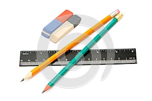 Pencils, eraser and ruler