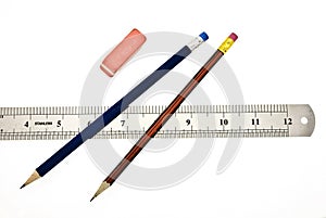 Pencils, eraser and ruler