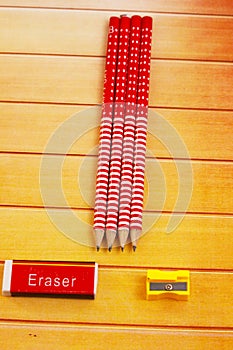 Pencils erasure and sharpener