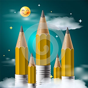 Pencils like buildings with the emoji sun shining on them and clouds, vector image