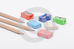 Pencils, pencil sharpeners and erasers