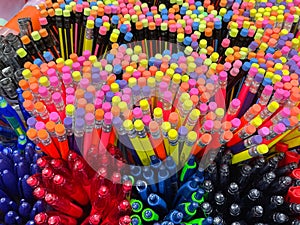Pencils and pens on a stationery store. Back to school. Selective focus