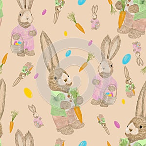 Pencils seamless pattern cartoon with rabbits, carrots, colored eggs. Children's. For prints, paper, fabric