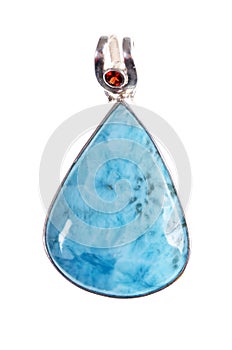 Pendant of blue larimar stone on isolated white background. Larimar is the native stone of the Dominican