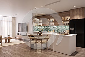 A pendant Chandelier hanging on the Ceiling in the Dining Set-up near to kitchen Counter and open empty Space