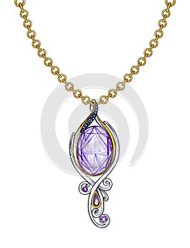 Pendant jewelry design modern art set with amethyst and blue sapphire.