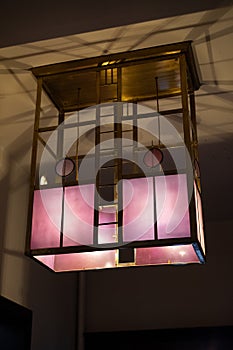 Pendant light at The Hill House, Scotland UK, designed in British Art Nouveau Modern Style by Charles Rennie Mackintosh.