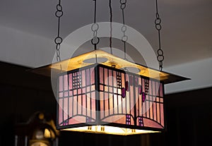 Pendant light at The Hill House, Scotland UK, designed in British Art Nouveau Modern Style by Charles Rennie Mackintosh.