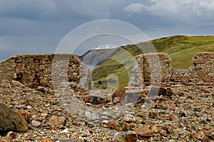 Pendeen lighhouse from Geevor Mine ruins , Cornwall UK