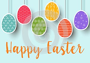 Pending easter multicolored flat eggs isolated. Happy Easter. Easter hanging eggs with different simple