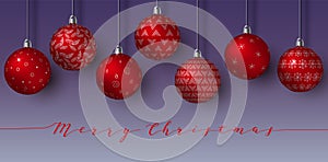 Pending red Christmas Balls isolated. Happy New year. hanging spheres with different simple ornaments. night background