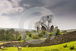 Pendragon Castle behind dry stone wall