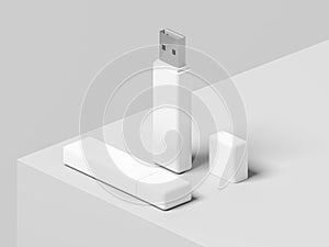 Pendrive. Isolated on white background. USB flash drive. Data storage device. Pen drive. Display stand. Mockup. photo