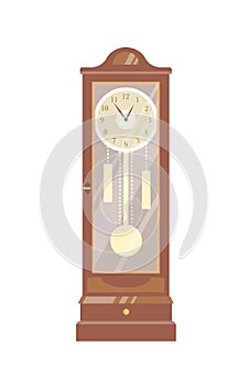 Pendulum clock vector illustration. Vintage timepiece colorful flat design element. Old-fashioned chimes, retro interior