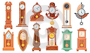 Pendulum clocks. Cartoon antique clock for grandfather livingroom wall, elegant old watch wooden vintage cuckoo watches