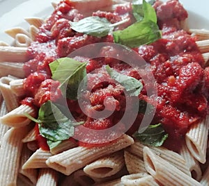 Pene pasta  ragu with fresh vine tomatoes and basil   Italy  chef plate
