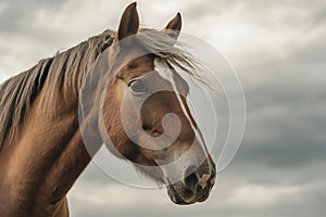 Penetrating horse\'s gaze against cloudy sky, framed by wild mane