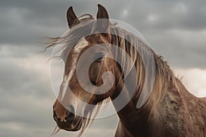 Penetrating horse\'s gaze against cloudy sky, framed by wild mane