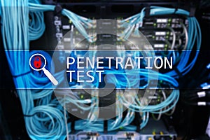 Penetration test. Cybersecurity and data protection. Hacker attack prevention. Futuristic server room on background