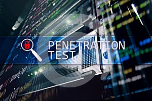 Penetration test. Cybersecurity and data protection. Hacker attack prevention. Futuristic server room on background.