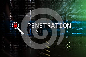 Penetration test. Cybersecurity and data protection. Hacker attack prevention. Futuristic ï¿½server room on background