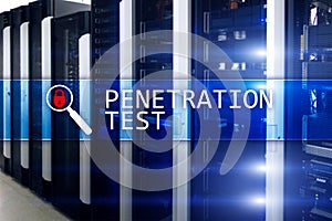 Penetration test. Cybersecurity and data protection. Hacker attack prevention. Futuristic ï¿½server room on background