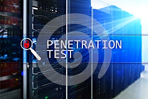 Penetration test. Cybersecurity and data protection. Hacker attack prevention. Futuristic ï¿½server room on background